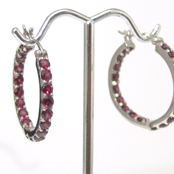 Sterling Silver Rhodolite Garnet Hoop Earrings 1 Inch Rhodium Anti Tarnish - Picture 6 of 8